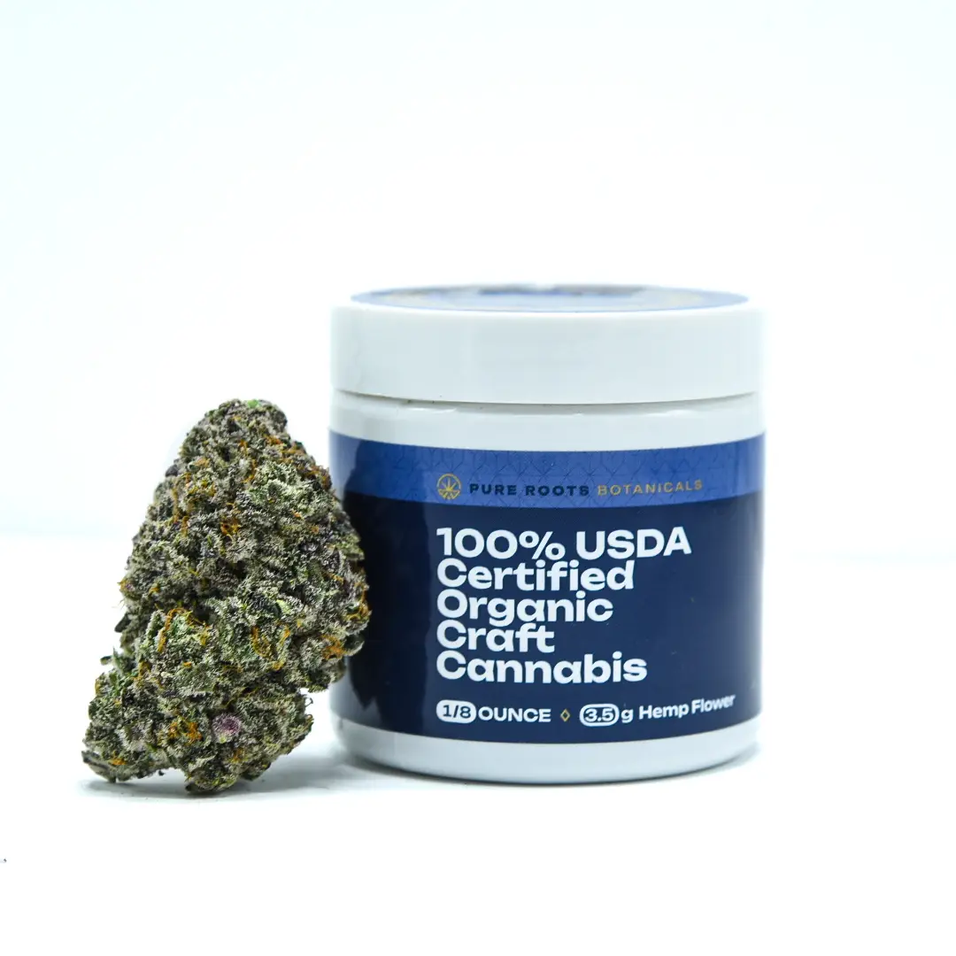 Carolina Sweet Frost THCA flower by Pure Roots Botanicals, hand-trimmed indoor buds with frosty trichomes and organic small-batch quality